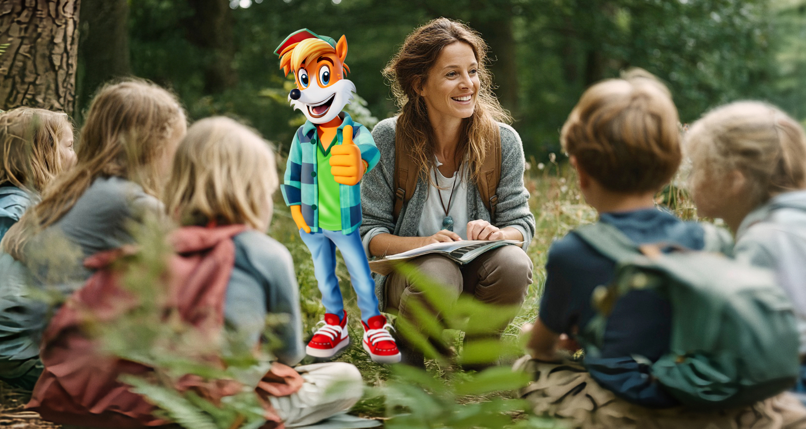 Kinder sitzen im Waldkreis mit Betreuerin, daneben Ferdi Fuchs mit Daumen hoch