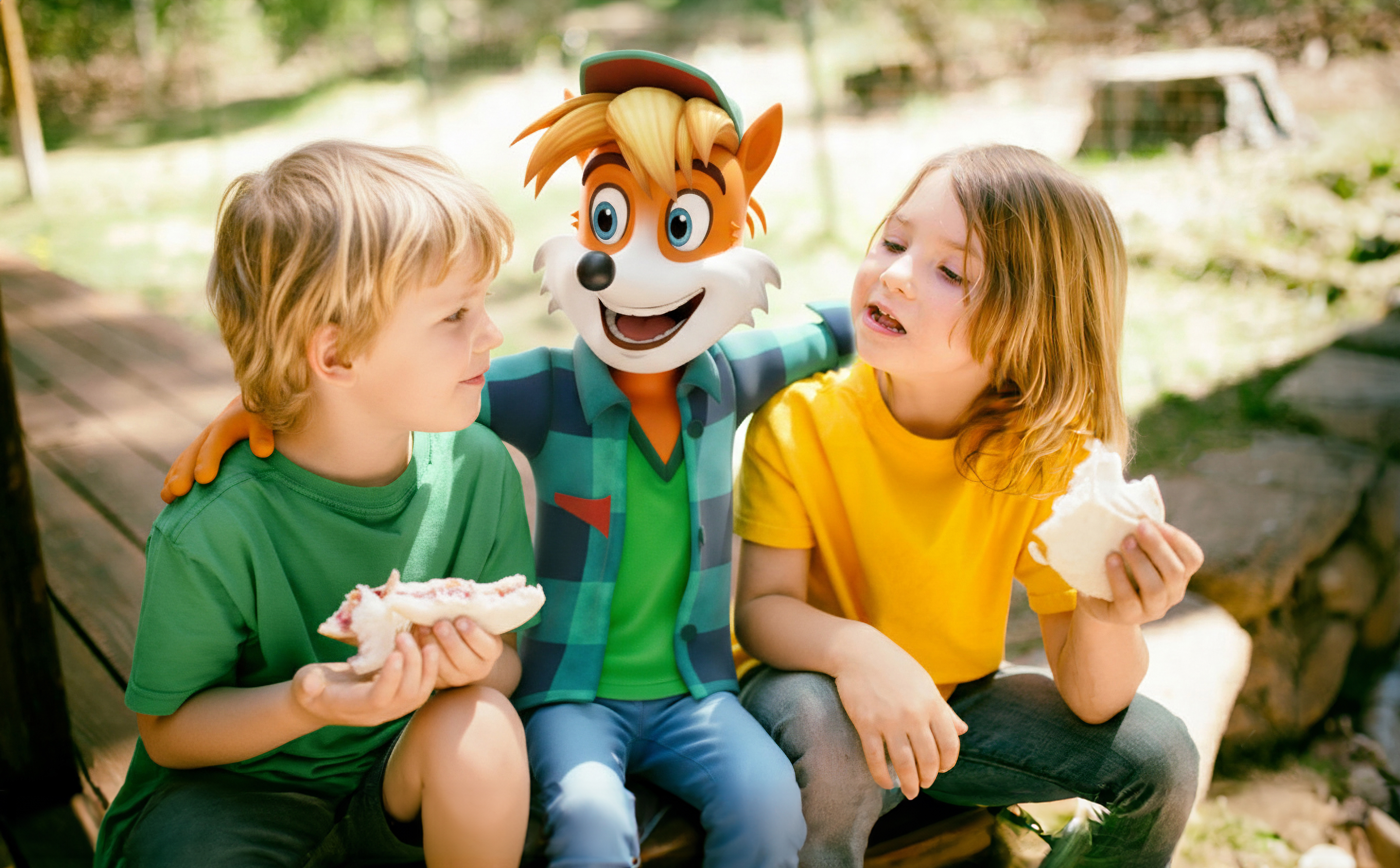 Zwei Kinder essen Sandwiches, Ferdi Fuchs sitzt lachend zwischen ihnen