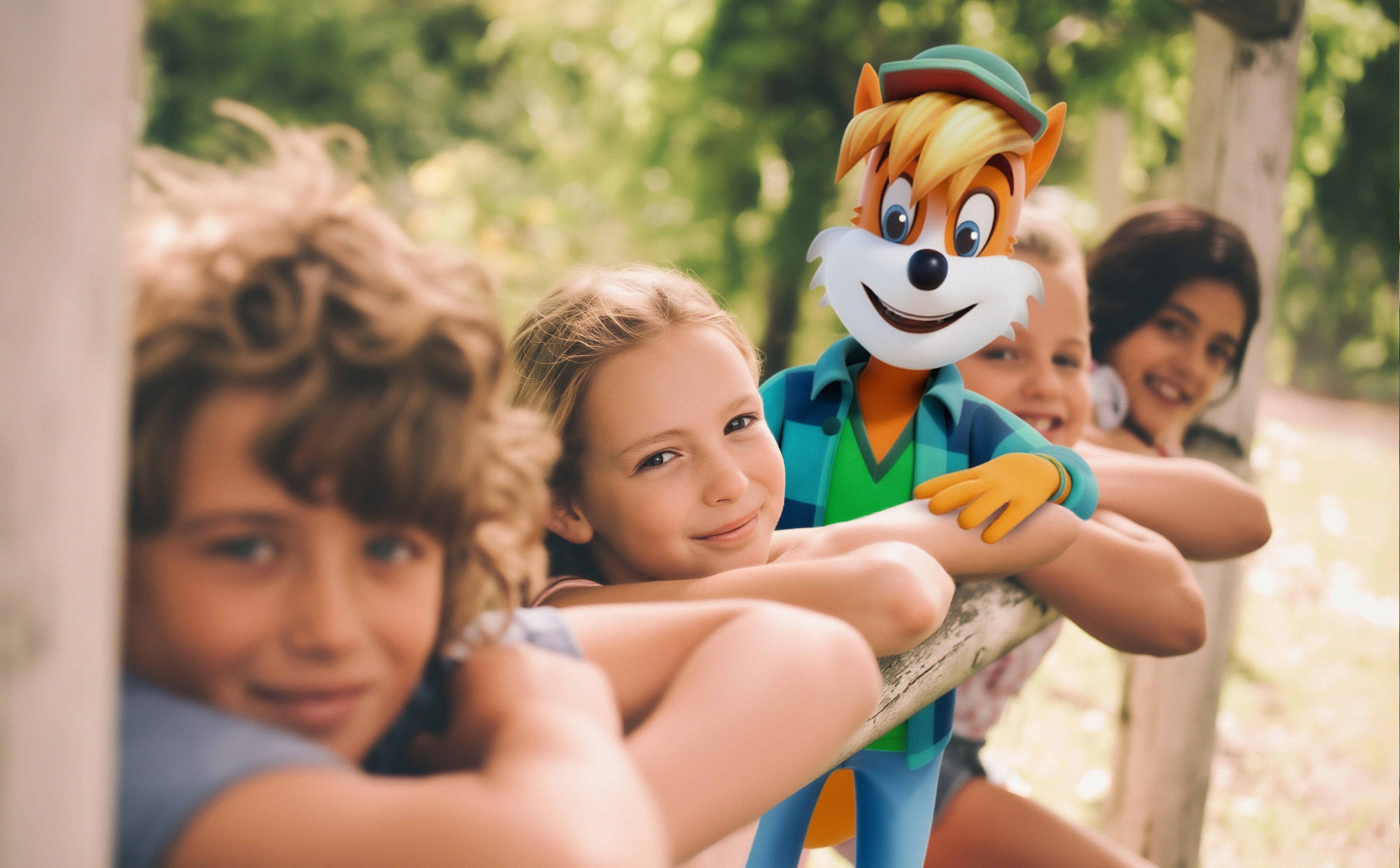 Kinder lehnen am Zaun, mittendrin Ferdi Fuchs und lächeln in die Kamera