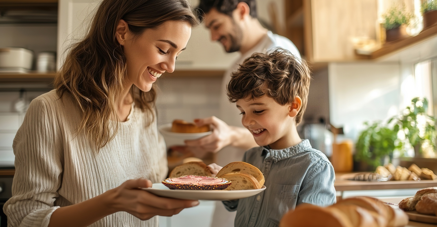 Mutter und Kind bereiten Brot mit Leberwurst in der Küche zu