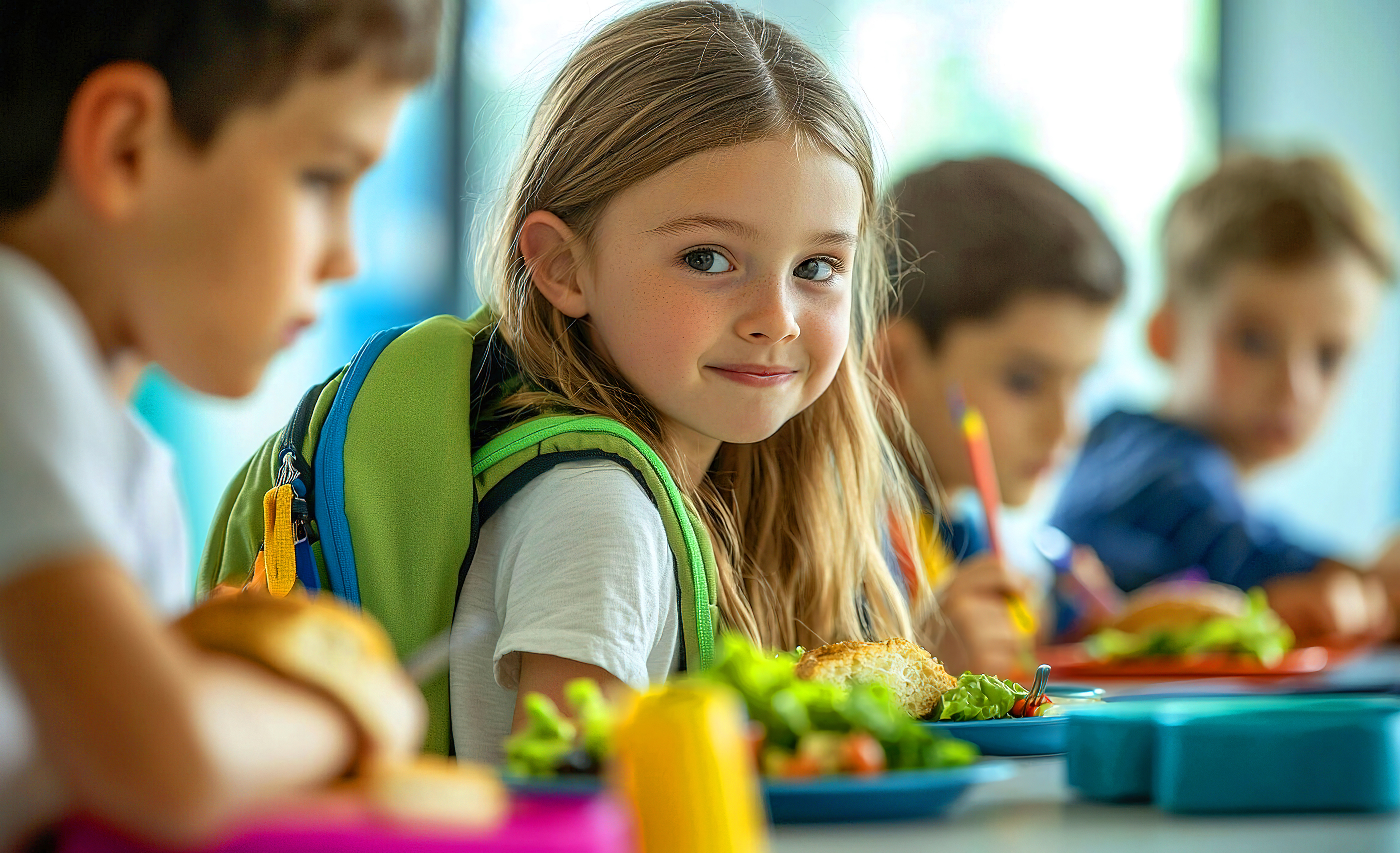 Schulkinder essen in Mensa, Mädchen mit Rucksack lächelt in die Kamera