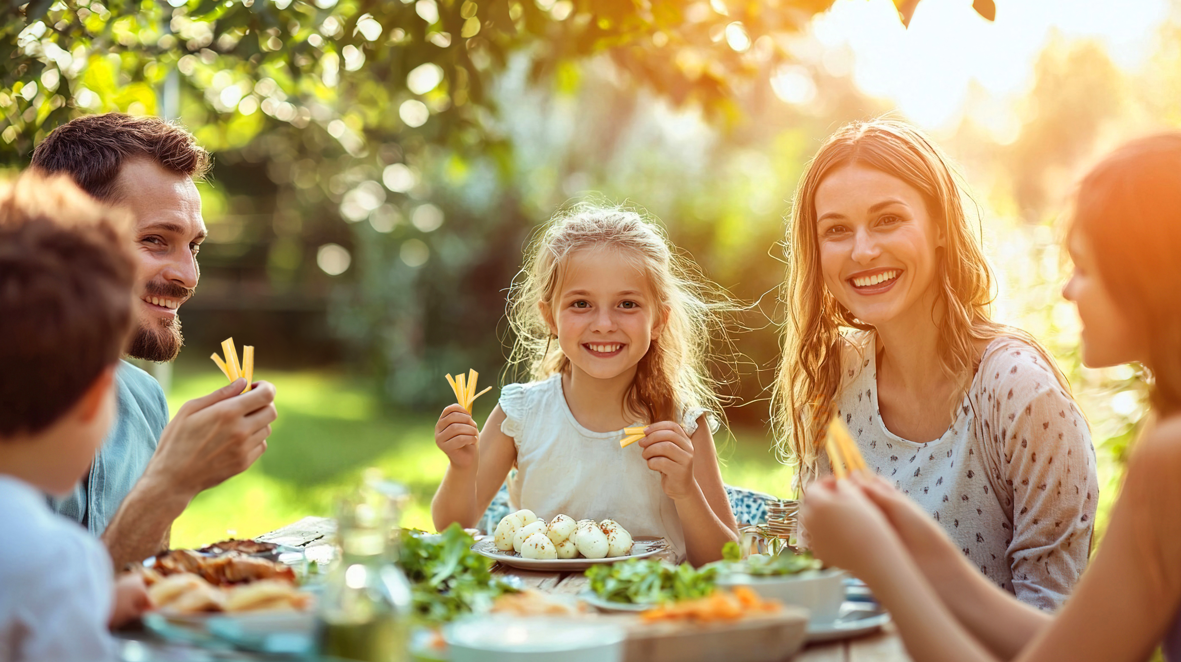 Familie sitzt im Garten und isst gemeinsam, Kind lächelt in die Kamera