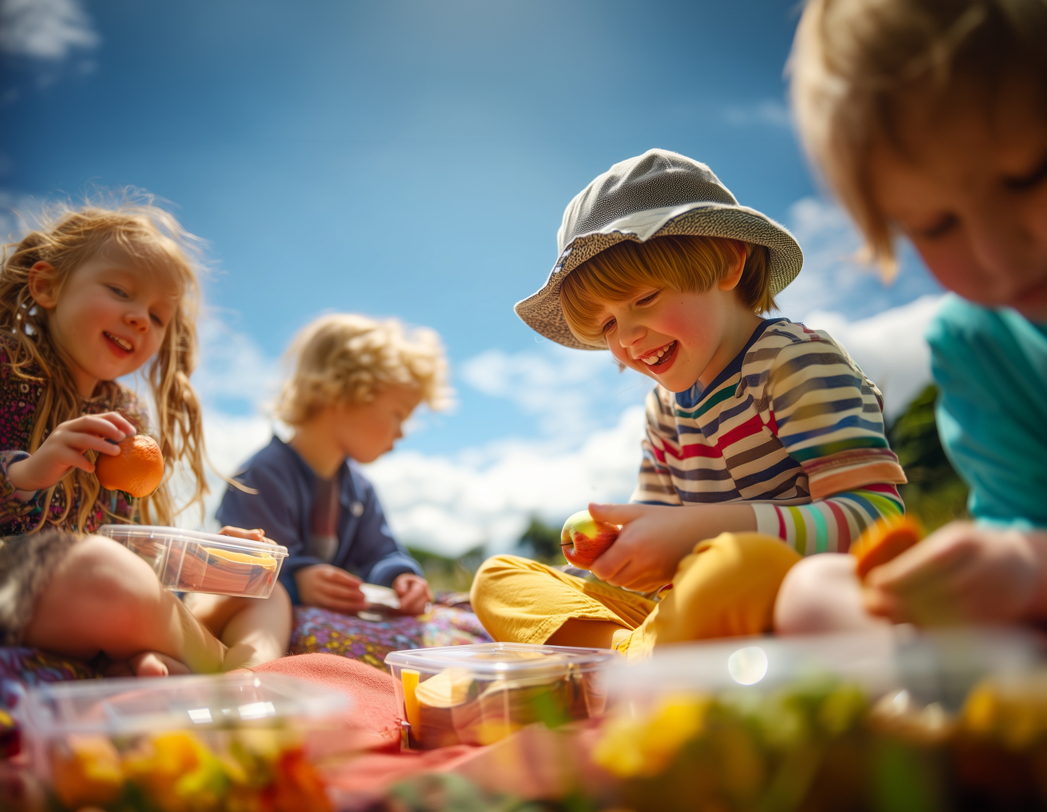 Kinder sitzen im Freien und essen Würstchen beim Picknick