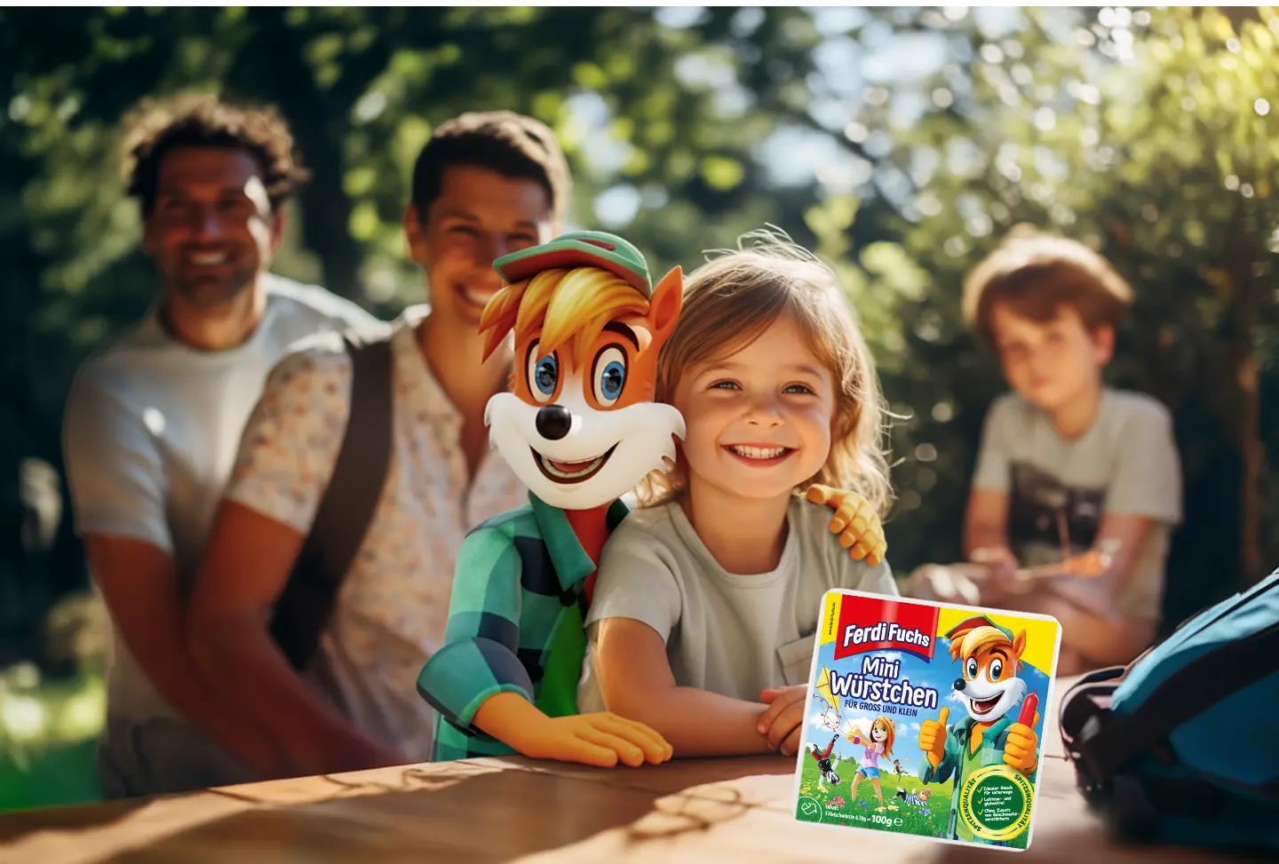Lachendes Kind mit Ferdi Fuchs am Tisch, Familie im Hintergrund, Mini Würstchen Packung vorne